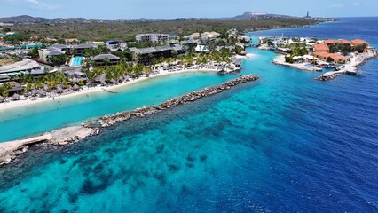 Obraz premium Caribbean Beach At Willemstad Netherlands Curacao. Aerial Beach Willemstad Netherlands. Coast Sky Seaside Summertime. Coast Outdoor Seaside Beach Panoramic. Coast Summertime Backgrounds Landmark.