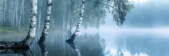 wallpaper of Birch trees, birch forest, morning, fog, lake, elegant poetic picture