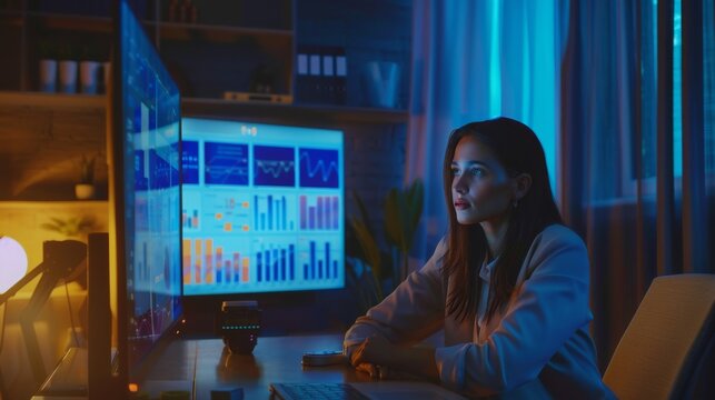 In an office setting, a businesswoman uses a TV screen to demonstrate company growth using graphs, charts, and infographics. A dramatic editing style is applied to this film.