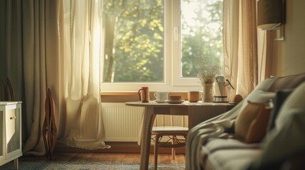 beautiful image of cream house living room interior with dining table and relax zone artificial intelligence