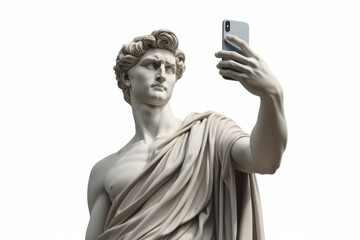 Classic gypsum statue of man using smartphone isolated on white background copy space