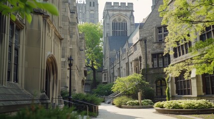 Fototapeta premium three levels of intricately carved corridors extend gracefully between two academic buildings, showcasing the meticulous craftsmanship and rigorousness of scholarly pursuit.