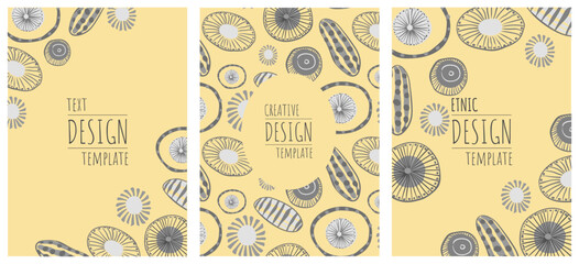Boho abstract creative template border. Set of organic hand drawn frames with organic shapes and abstract leaves and lines. Vector template for decoration.