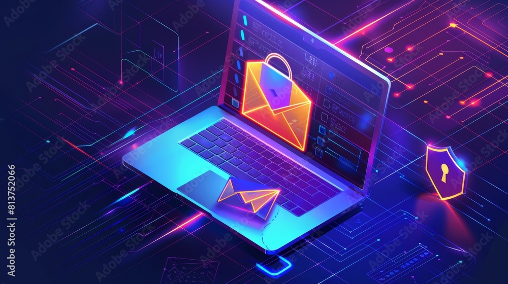 Poster the concept of email encryption, data security, isometric concept modern with an open laptop, an env