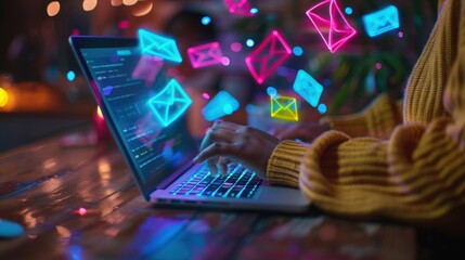 Realistic image shows a person using a laptop to read and reply to emails artificial intelligence