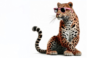 leopard wearing pink sunglasses on a white background