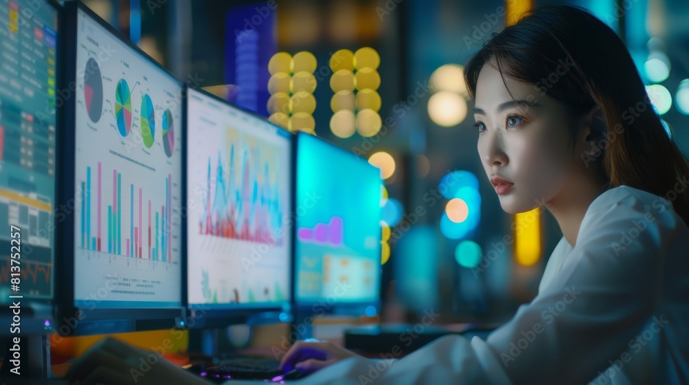 Poster a female asian manager analyzes financial data on a desktop computer with analytics reporting softwa