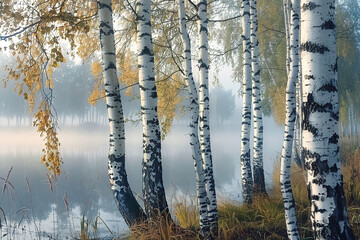 Obraz premium wallpaper of Birch trees, birch forest, morning, fog, lake, elegant poetic picture