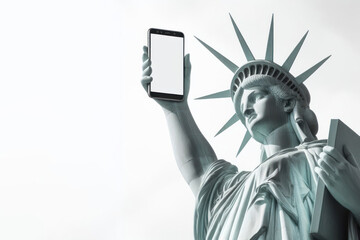 Statue of Liberty with phone in hand on white background