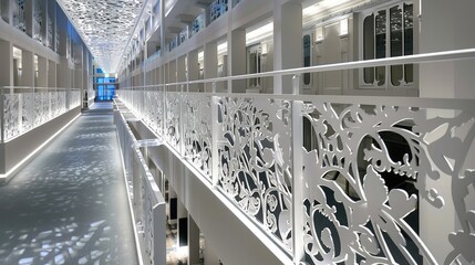 Obraz premium three levels of intricately carved corridors extend gracefully between two academic buildings, showcasing the meticulous craftsmanship and rigorousness of scholarly pursuit.