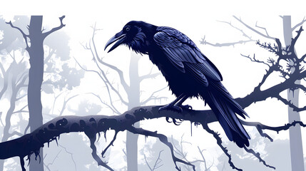 Obraz premium A somber raven caws from a bare branch in a misty forest isolated on white background, isometry, png 