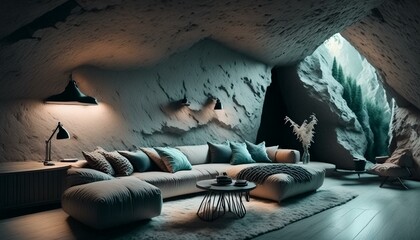 Modern living room in a cave, created with generative AI