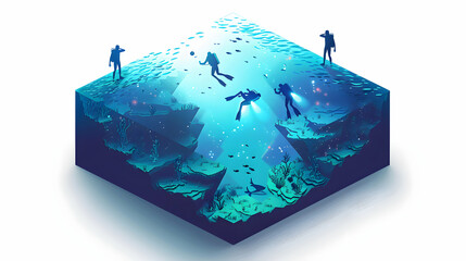 Bioluminescent Snorkeling: Snorkelers Experiencing Enchanting Underwater World Lit by Organisms in Night Dive   Isometric Flat Design Icon