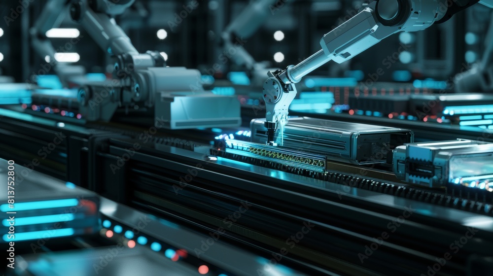 Poster an advanced robot arm conveyor line is building electronic enclosure boxes as part of a programmable