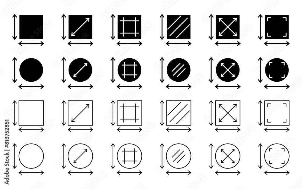 Poster set of area or dimension measurement icons. simple circle and square design isolated on white backgr