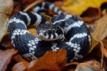 California Kingsnake: Slithering through fallen leaves with bold black and white bands, highlighting pattern.