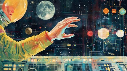 Focus on a space explorers hand maneuvering a complex control panel, emphasizing the tactile nature in a watercolor style Infuse elements of classic board game strategies within the cosmic backdrop