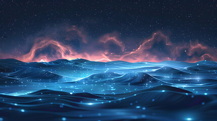 Coastal Bioluminescence Concept: Serene Coastline with Bioluminescent Waves and Starry Sky   Isometric Flat Design Icon Illustration