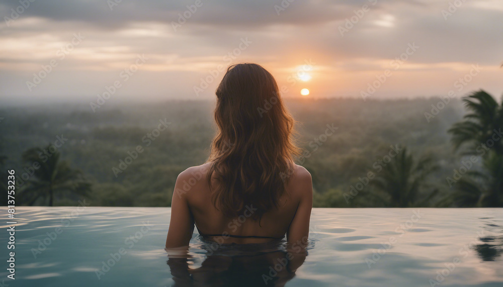 Wall mural Portrait of woman in infinity pool in Bali, sunset view
