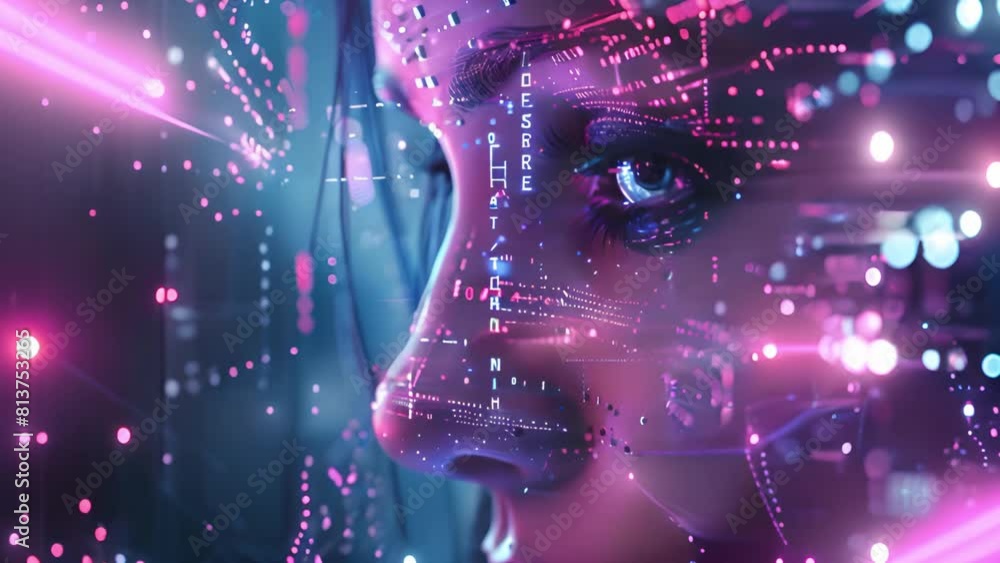 Poster close-up of a womans face set against a futuristic backdrop, showcasing a blend of human features an