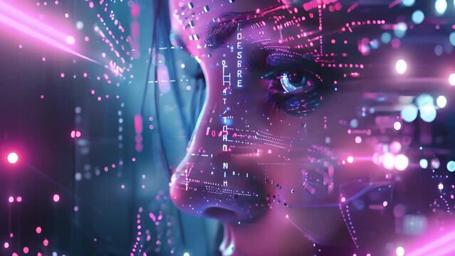 Close-up of a womans face set against a futuristic backdrop, showcasing a blend of human features and technological elements.
