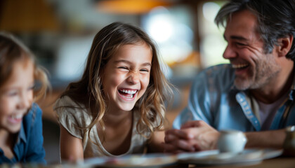 Fototapeta premium of a family laughing and sharing stories around the dining table, highlighting warm interactions and a sense of togetherness, Families, relax, blurred background, with copy space
