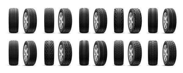 Realistic tires tread. Rubber tire automotive protector texture type, 3d isolated car wheel tyre front view, auto tyres for winter or summer road race, nowaday vector illustration
