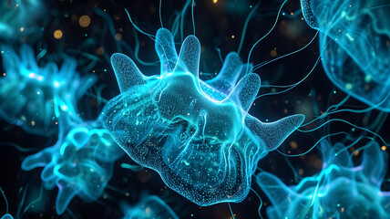 A high-resolution digital image showcasing synaptic transmission with glowing neurons in blue, illustrating neural communication in the brain.
