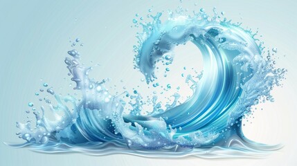 Water flowing with bubbles and drops. Modern illustration with realistic blue aqua splash on white background. Flow of pure liquid drink.