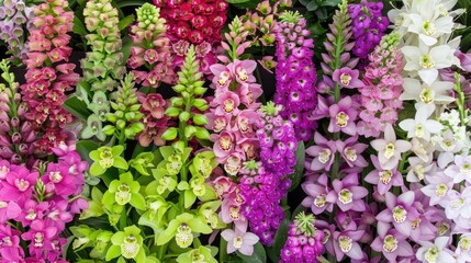 Obraz premium green, purple, and pink flowers, painting a vivid natural tapestry devoid of human presence.