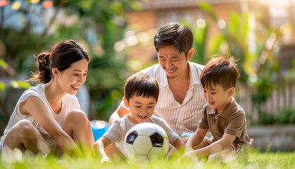 of parents teaching their children to play soccer in the backyard, capturing a moment of active learning and fun sports play, Families, relax, blurred background, with copy space