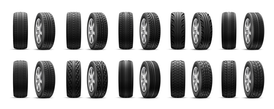 Realistic tires tread. Rubber tire automotive protector texture type, 3d isolated car wheel tyre front view, auto tyres for winter or summer road race, nowaday vector illustration