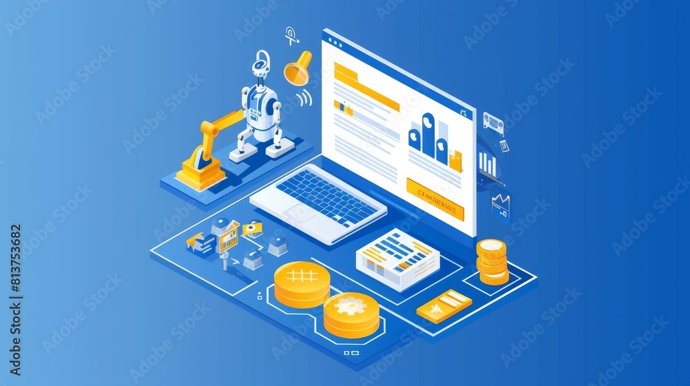 Poster modern landing page for seo optimization service with line art graph of data analysis and robot. art
