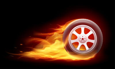 Fire tire. Fast car wheel in hot flame, flaming tyre formula 1 race burn wheels automobile speed, speeding driving creative ad auto shop 3d realistic nowaday vector illustration