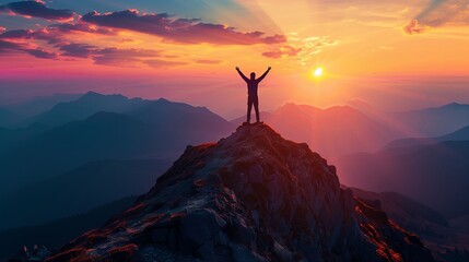 Victorious Hiker On Rugged Mountain Summit At Vibrant Sunset Embracing Freedom, Strength, Determination, Success, Triumph And Achievement