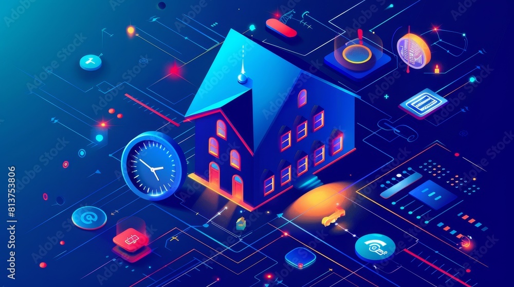 Poster modern landing page of a house control system with isometric time reminder and intelligent clock. us