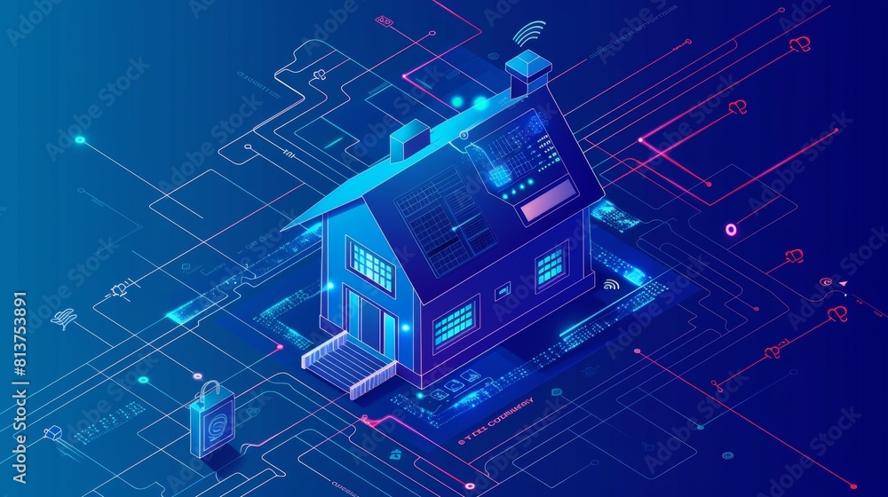 Poster smart home banner. digital concept of a house control system with isometric clock and time reminder 