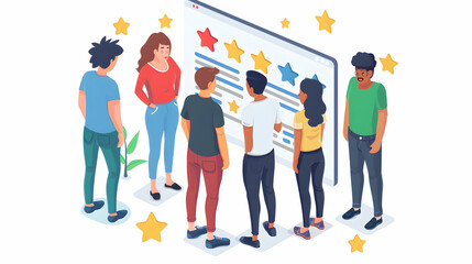 Teams Analyzing Customer Feedback: Enhancing User Experience with Flat Design Icons   Isometric Scene for Product Optimization and Service Refinement