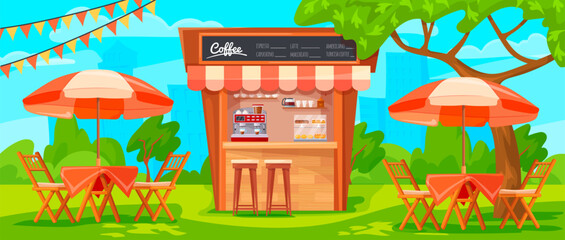 Cartoon outdoor cafe. Cafeteria booth or restaurant terrace outside patio, summer street bistro exterior, dining lunch veranda with table and bench chair, neat vector illustration