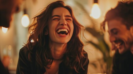 An exuberant businesswoman laughing while chatting with colleagues during a casual meeting in a brightly lit boardroom