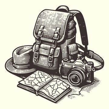 travel backpack with a hat, camera and map vintage sketch