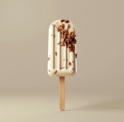 A white chocolate-covered ice cream bar with scorpions on top, against a beige background.
