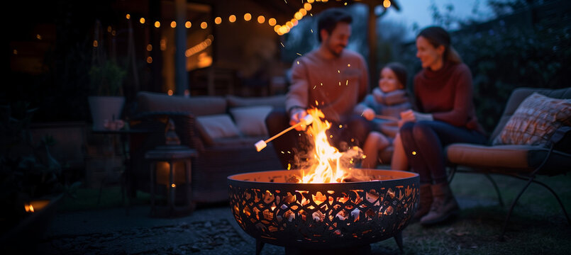 capturing a family sitting around a fire pit in their backyard, roasting marshmallows and sharing stories under the stars, Families, relax, blurred background, with copy space