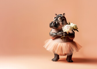 Playful funny cartoon hippopotamus ballerina on a pastel peach background with a bouquet of flowers after a concert. Humor is a metaphor for dance and clumsiness.