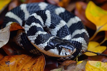 Fototapeta premium California Kingsnake: Slithering through fallen leaves with bold black and white bands, highlighting pattern.