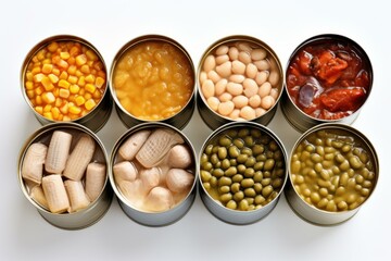 Top view of various canned goods arranged neatly, ideal for food supply concepts