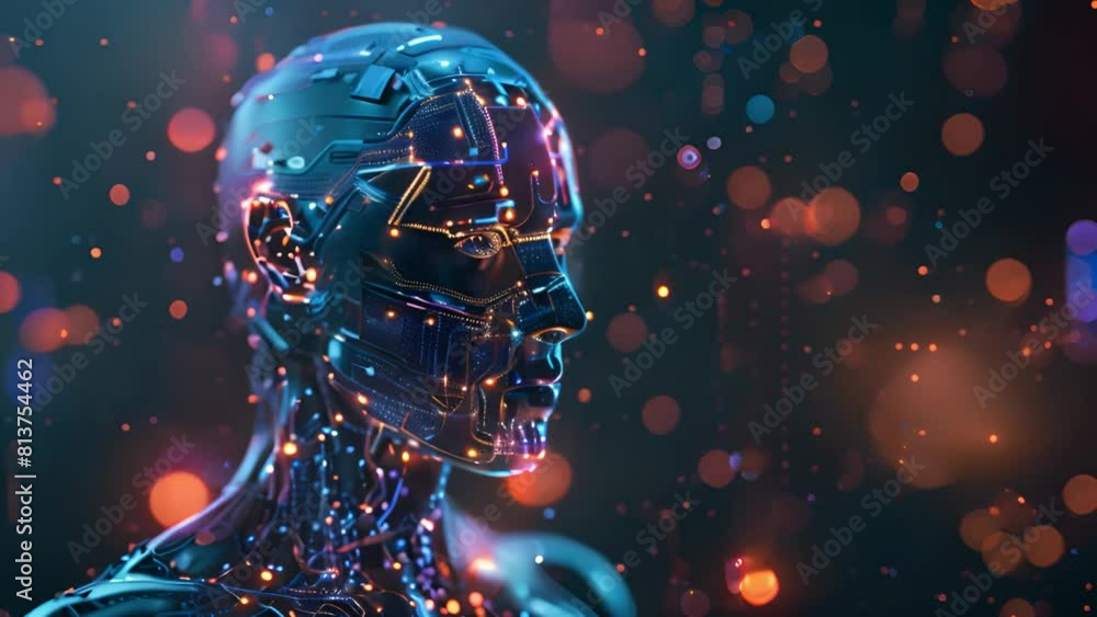Poster a man with a glowing head stands in a futuristic environment.