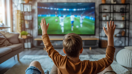 Point of View. A father and a young son watching a football match on TV, completely immersed in the atmosphere of the game and raising their hands high in the air during the decisive moment - Powered by Adobe