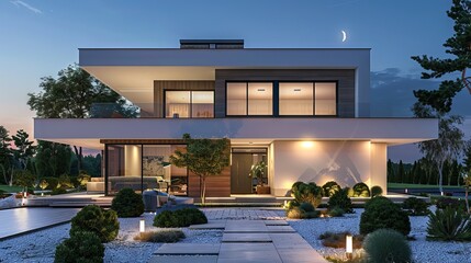 3D rendering of a modern house in a cozy evening