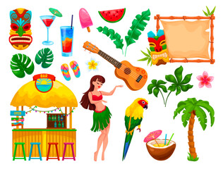 Hawaiian party elements. Hawaii or bali luau icons, dancing girl tropical parrot hut bar aloha summer beach tiki totem ukulele decoration design set ingenious vector illustration
